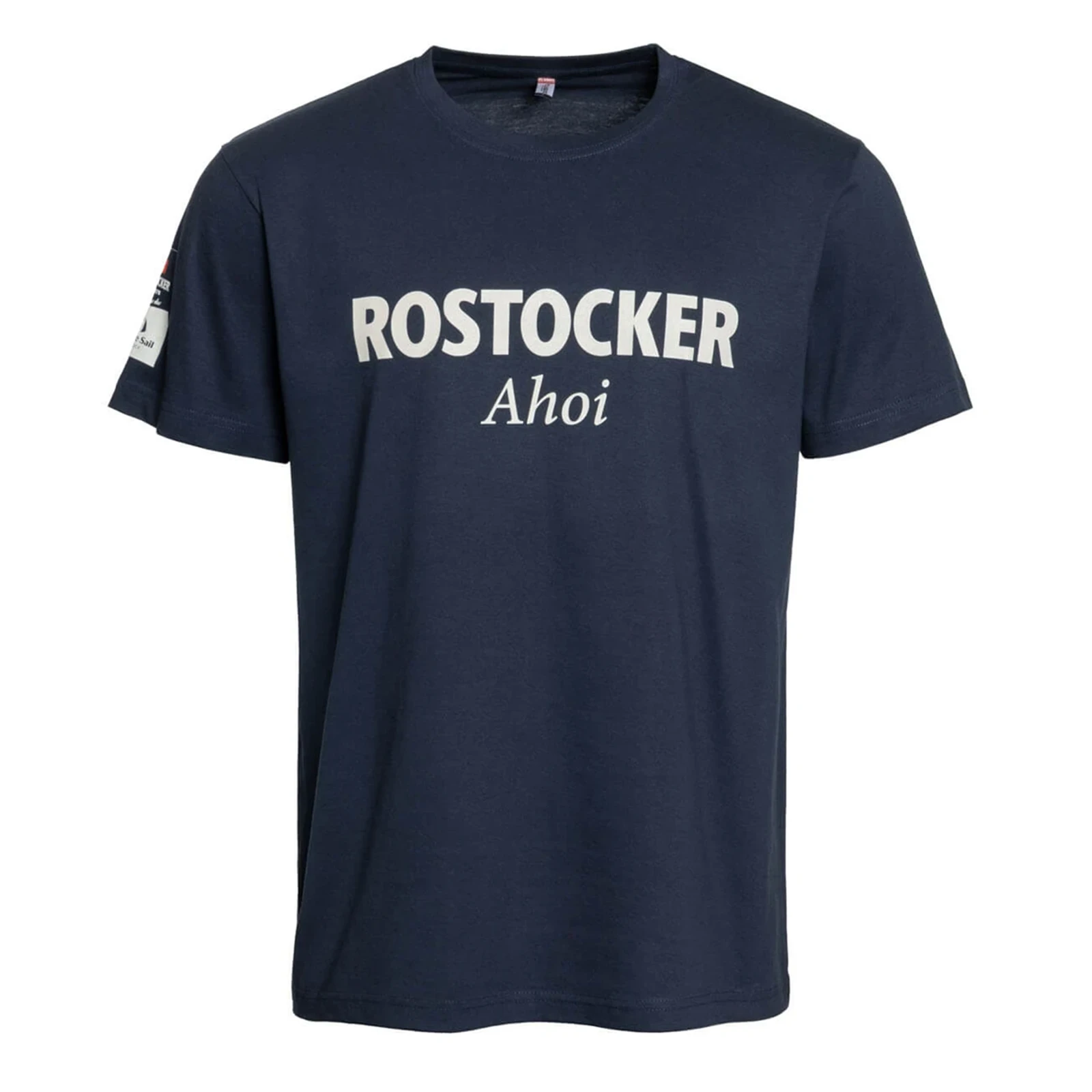 Dunkelblaues T-Shirt mit weißem Aufdruck Rostocker Ahoi auf der Brust.