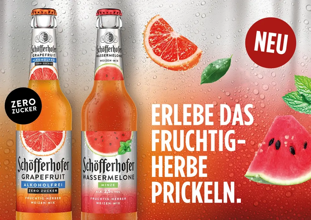 Werbeanzeige für Schöfferhofer: Grapefruit alkoholfrei Zero Zucker und Wassermelone Minze, mit Früchten, Slogan und Neu-Hinweis.