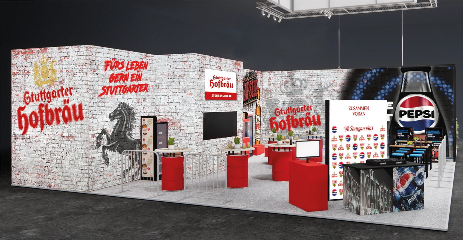 Messestand von Stuttgarter Hofbräu auf der Intergastra mit Backsteinoptik, Theken und Sitzbereichen.