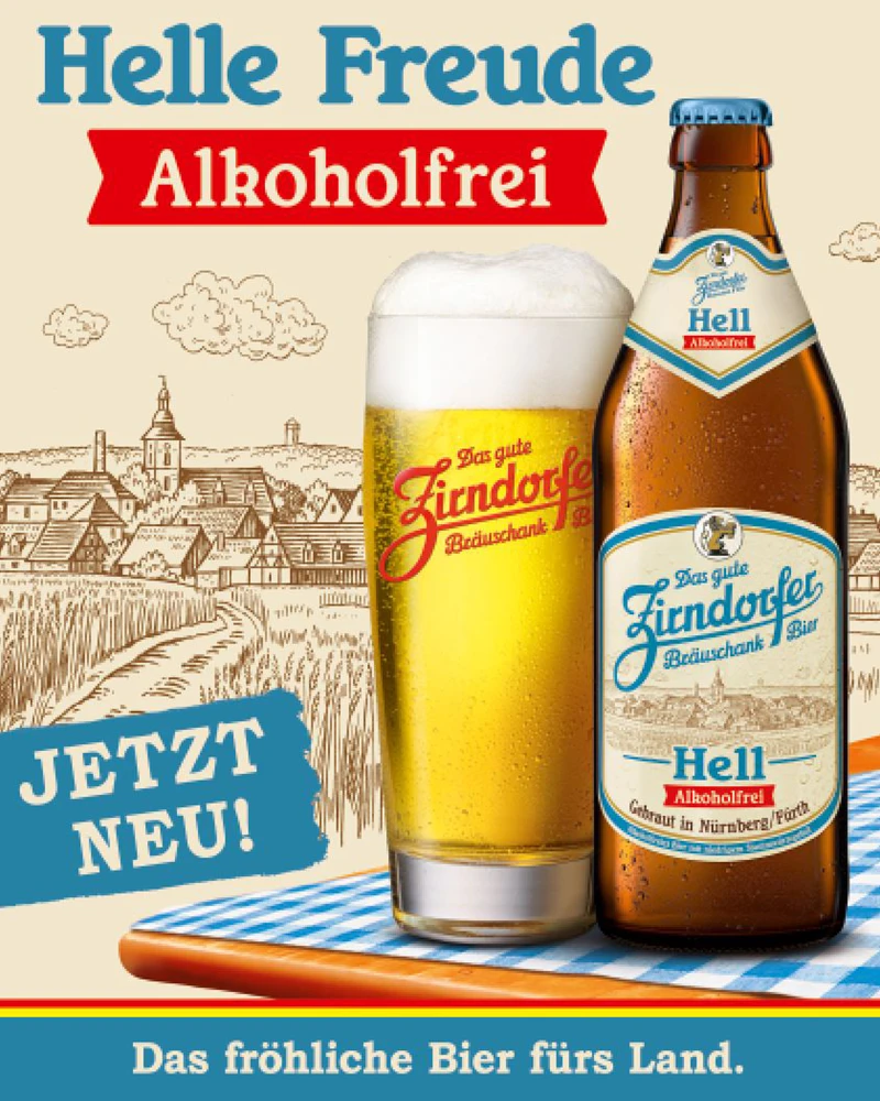 Werbeposter zeigt eine Bierflasche neben einem vollen Glas über einer Landschaft.
