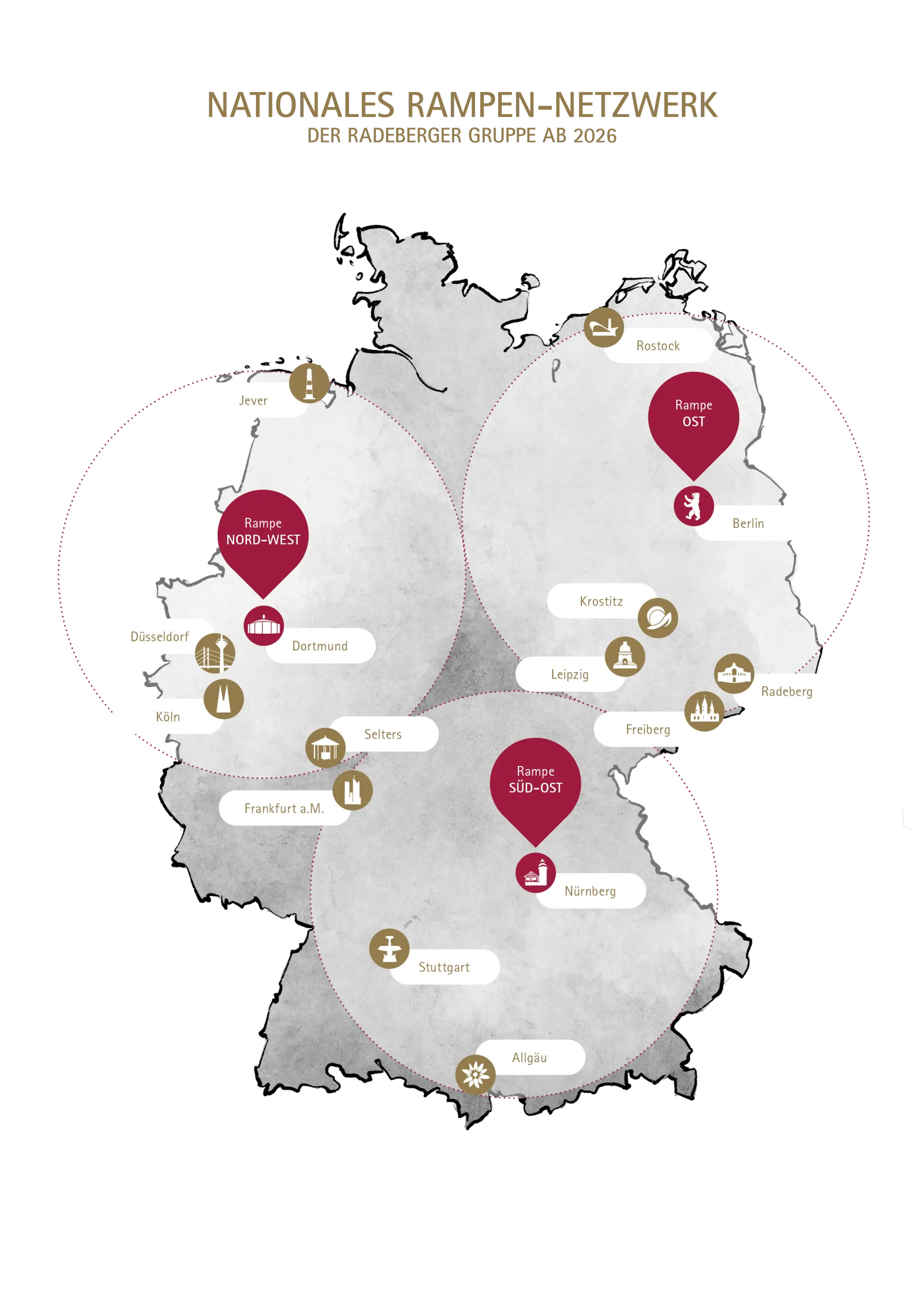 Grafische Darstellung Deutschlands mit markierten Städten und Symbolen für lokale Besonderheiten.