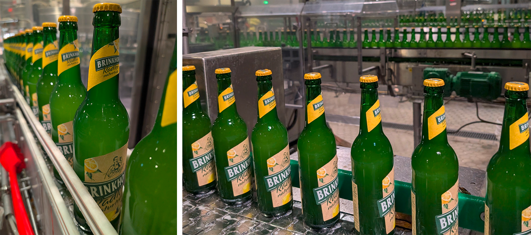Grüne Getränkeflaschen stehen auf einem Fließband in einer Produktionsanlage.