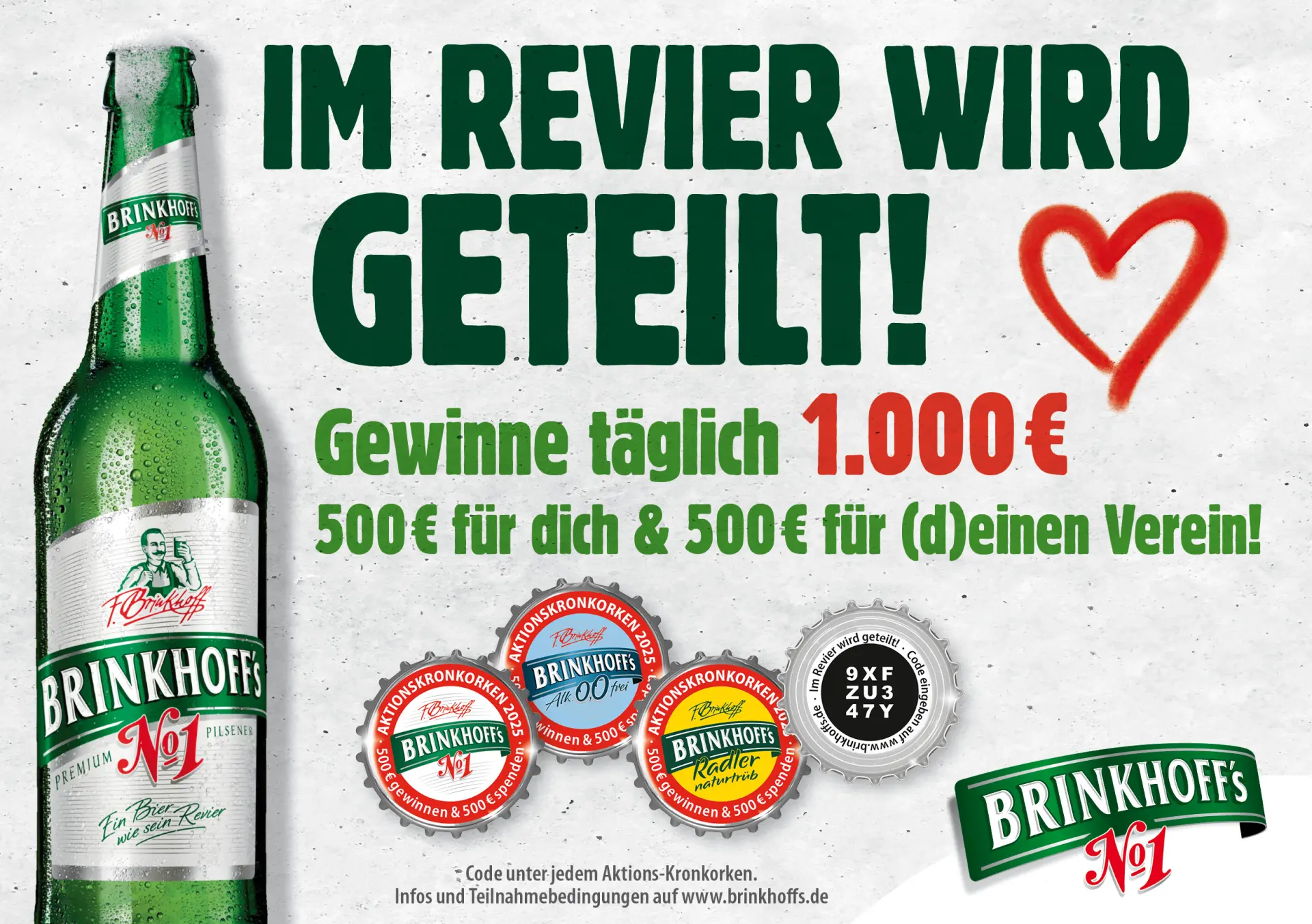 Eine grüne Bierflasche mit Tautropfen ist neben roten Kronkorken abgebildet. Es gibt einen Gewinnspielhinweis für täglich 1.000 Euro.