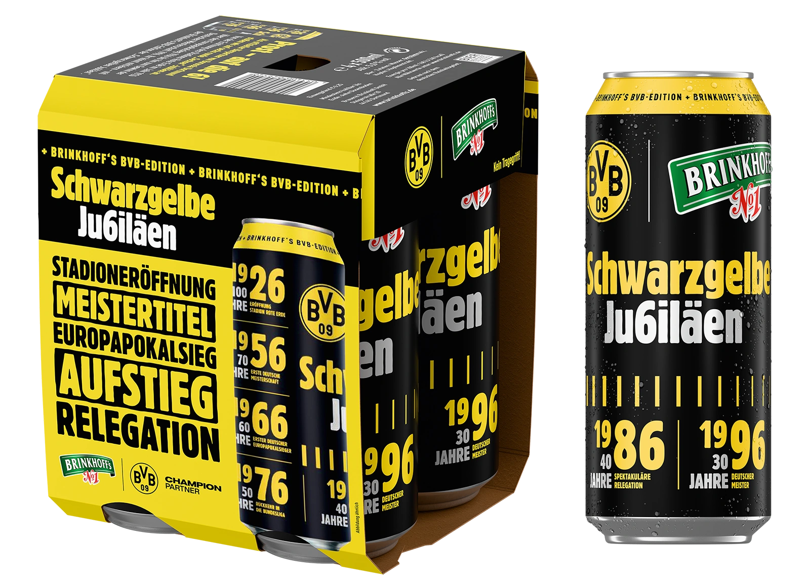 Multipack der Brinkhoffs Bierdosen in schwarz-gelber Edition und daneben Einzeldose. Jahreszahlen und BVB Logo aufgedruckt.