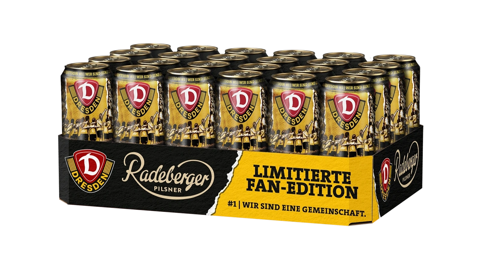 Kiste mit 24 Radeberger Pilsner Dosen in limitierter Fan-Edition. Gelbes Design mit Dresden-Logo und Slogan "Wir sind eine Gemeinschaft".