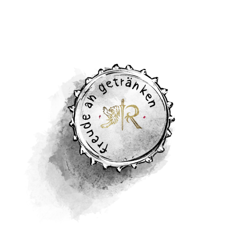 Zeichnung eines hellgrauen Kronkorkens mit schwarzem Schriftzug und goldenem Logo mit einem Löwen. 