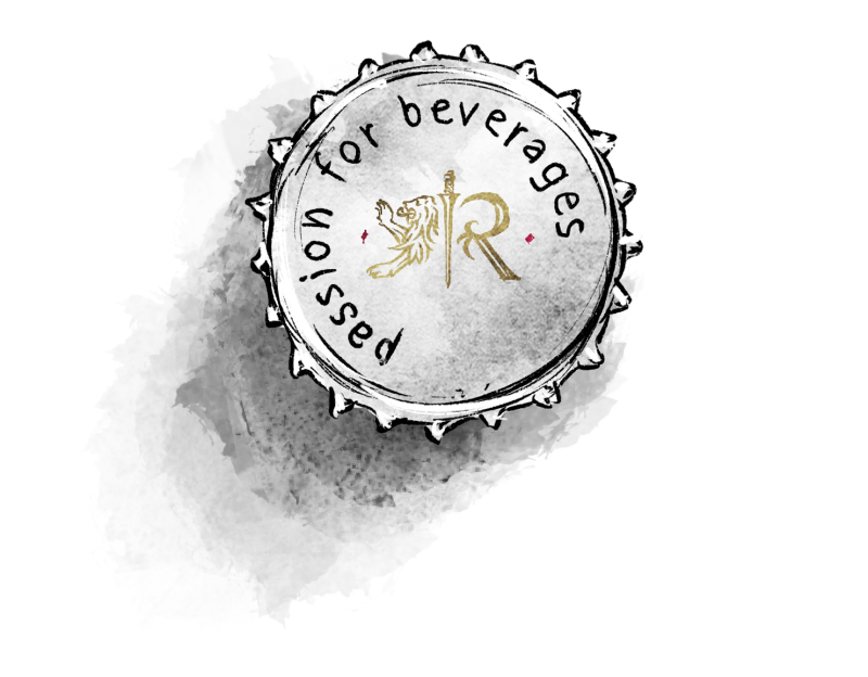 Drawing of a light gray bottle cap with black lettering and a gold logo featuring a lion.