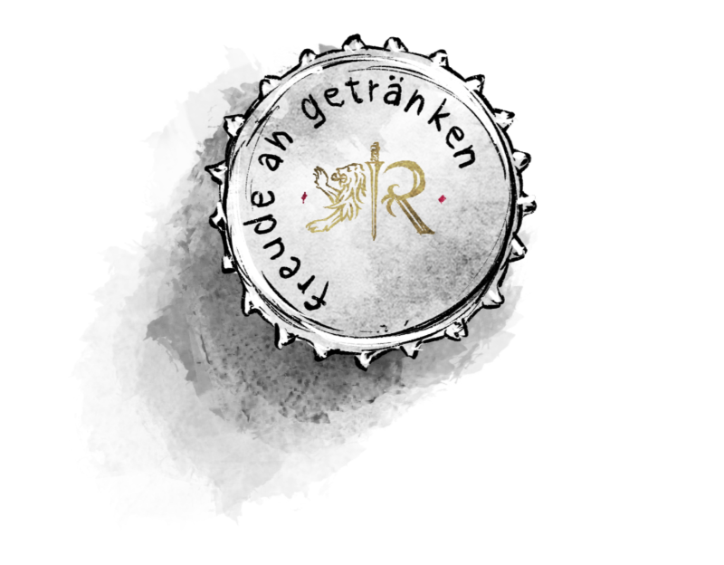 Zeichnung eines hellgrauen Kronkorkens mit schwarzem Schriftzug und goldenem Logo mit einem Löwen. 