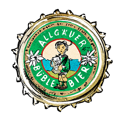 Kronkorken mit Logo von Allgäuer Büble Bier, Büble Junge und Edelweißblumen.