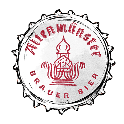 Kronkorken mit rotem Schriftzug Altenmünster Brauer Bier und Symbol in der Mitte.