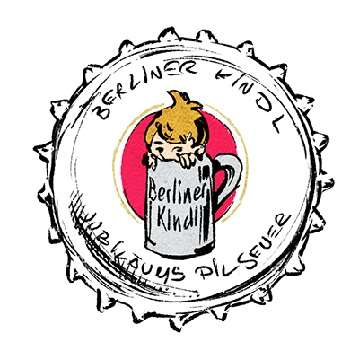 Kronkorken mit Schriftzug Berliner Kindl und Kindl Junge im Bierkrug vor rotem Kreis.