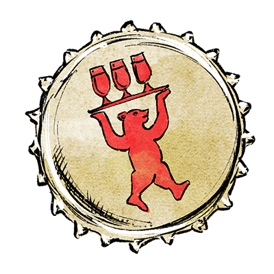 Kronkorken mit roter Bärenfigur, die ein Tablett mit drei Gläsern trägt als Markensymbol der Marke Berliner Pilsner.