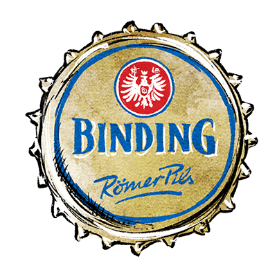 Kronkorken mit Logo von Binding und rundem Adler-Wappen im oberen Bereich.