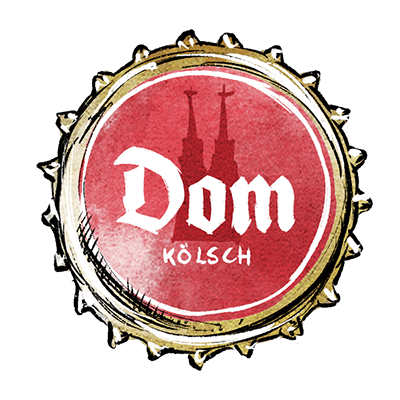 Kronkorken mit dem Schriftzug Dom Kölsch und stilisierten Türmen im oberen Bereich.