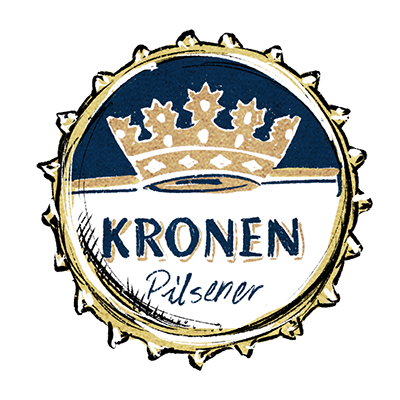 Kronkorken mit Krone im oberen Bereich und dem Schriftzug Kronen Pilsener in blauer und goldener Gestaltung.