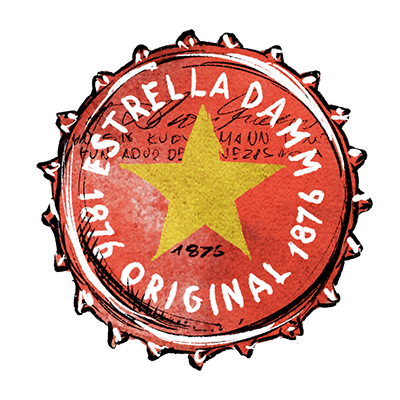 Kronkorken mit gelbem Stern und dem Schriftzug Estrella Damm Original 1876 in roter Gestaltung.