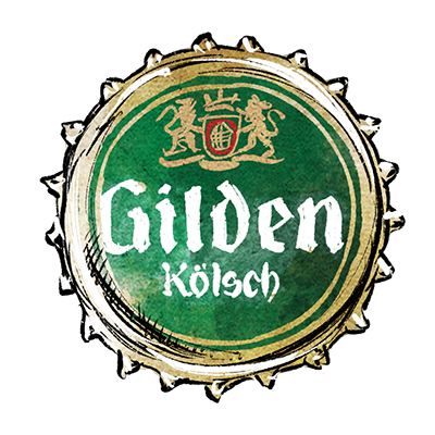 Kronkorken mit dem Schriftzug Gilden Kölsch und einem Wappen mit zwei Löwen im oberen Bereich.