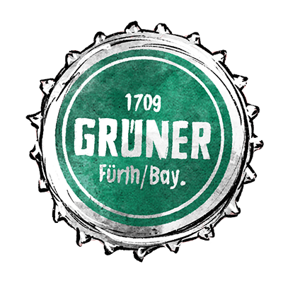 Heller Kronkorken mit grünem Innenkreis und weißem Schriftzug 1709 Grüner Fürth/Bay.