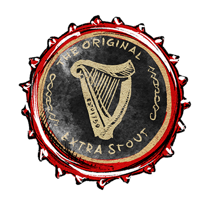Kronkorken mit Harfe im Mittelmotiv und dem Schriftzug The Original Extra Stout.