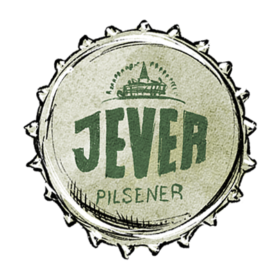 Kronkorken mit dem Schriftzug Jever Pilsener und einer stilisierten Gebäudeansicht im oberen Bereich.