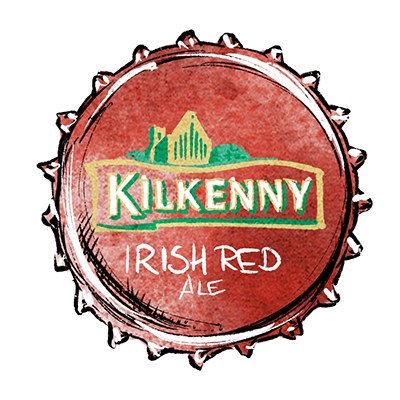 Kronkorken mit dem Schriftzug Kilkenny Irish Red Ale und stilisierter Gebäudeansicht im oberen Bereich.