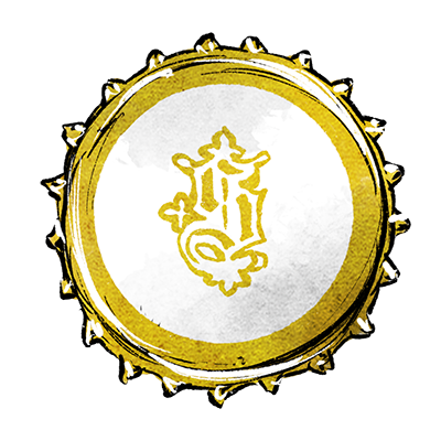 Kronkorken mit dem goldenem Rand und Wappen in der Mitte auf weißer Innenfläche.