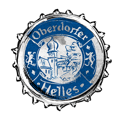 Kronkorken mit dem Schriftzug Oberdorfer Helles und einer Illustration mit Kirchturm und Stadt im Mittelmotiv.