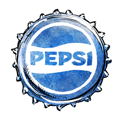 Gezeichneter Kronkorken mit dem Pepsi Schriftzug in weißer und blauer Gestaltung.