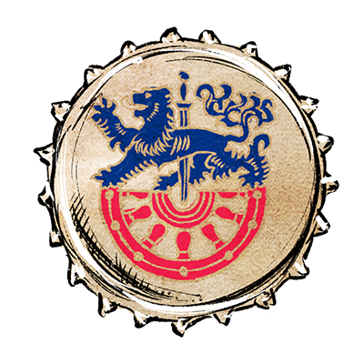 Kronkorken mit blauem Löwen über rotem Rad und Schwert als zentrales Wappensymbol der Marke Radeberger.