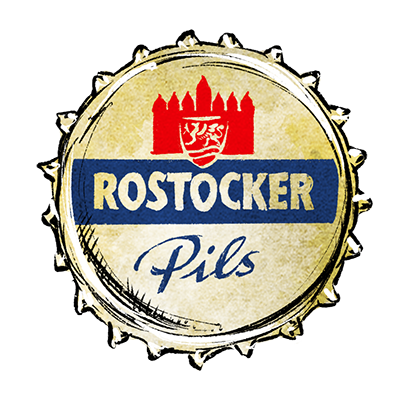 Kronkorken mit dem Schriftzug Rostocker Pils sowie rotem Wappen und stilisierter Stadtmauer im oberen Bereich.