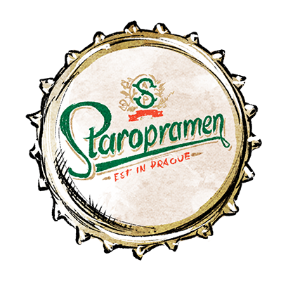 Kronkorken mit dem Schriftzug Staropramen sowie Wappen und Buchstaben S im oberen Bereich.