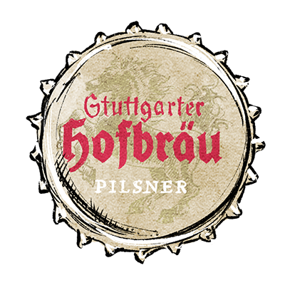 Kronkorken mit dem Schriftzug Stuttgarter Hofbräu Pilsner in roter und weißer Gestaltung.