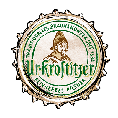 Kronkorken mit dem Schriftzug Ur Krostitzer und einer historischen Person im Mittelmotiv.
