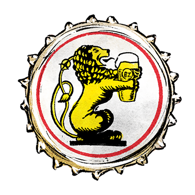 Heller Kronkorken mit gelbem Löwen, der einen gefüllten Bierkrug hält und roter Kreislinie.