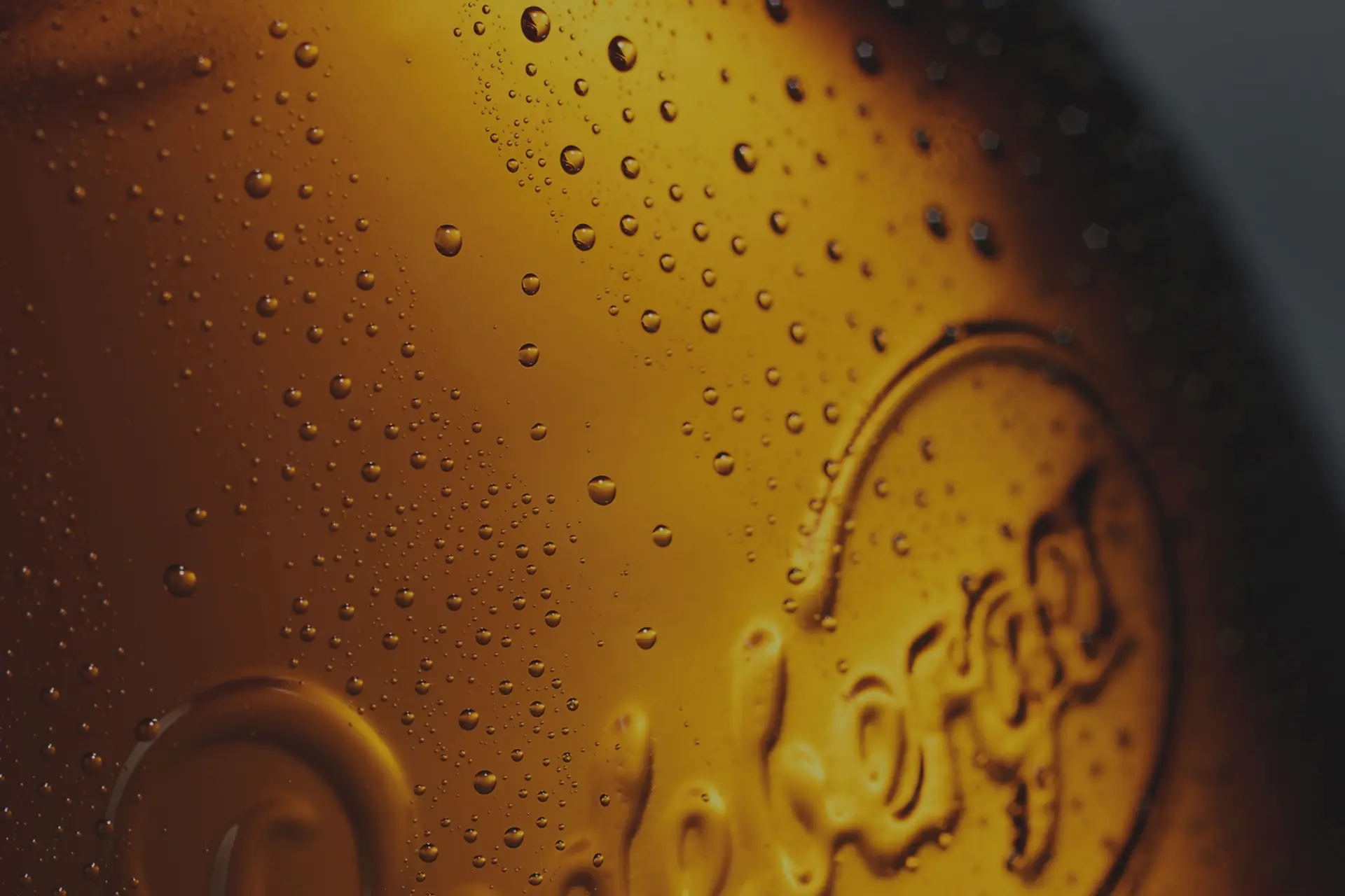 Close-up of a bottle with dewdrops and an embossed logo in warm colors.