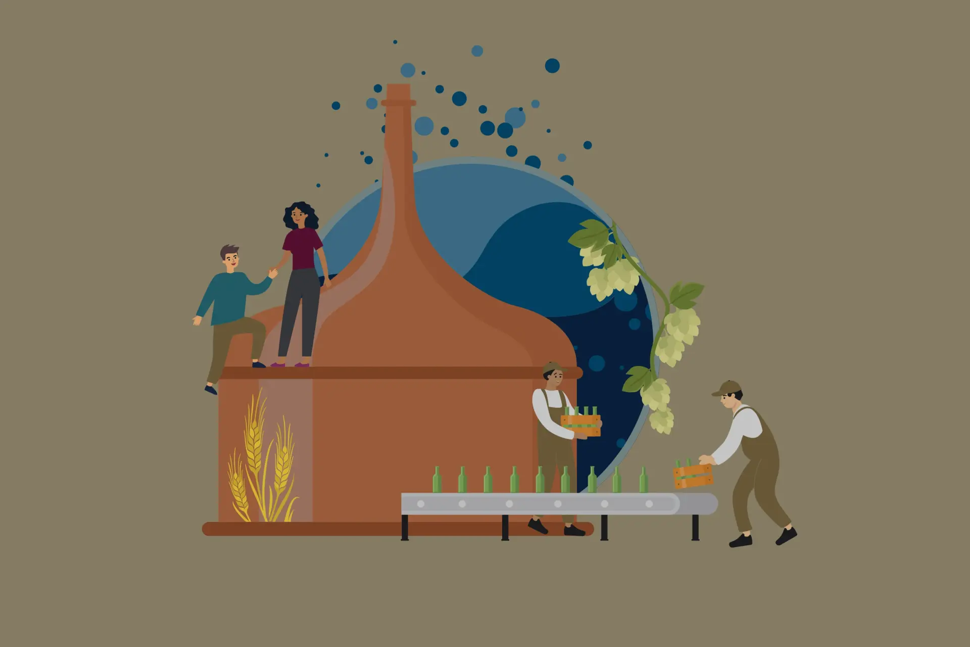 Illustration einer Brauanlage mit Gerste, Hopfen und Flaschenabfüllung sowie vier Personen bei der Bierproduktion.