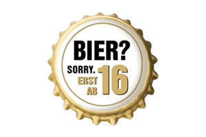 Goldene Kronkorken-Grafik mit Text, der Bierkauf ab 16 Jahren thematisiert.