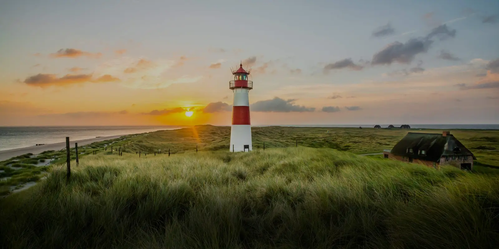 Ein Leuchtturm steht auf einer Düne bei Sonnenuntergang neben einem Haus. Gräser wehen leicht im Vordergrund.